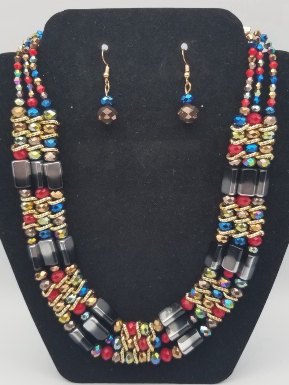 Multi-Color Beaded Statement Necklace and Earrings Set